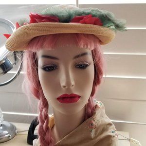 Vintage Silk/Straw Peek A Boo Hat-Flowers 1950s